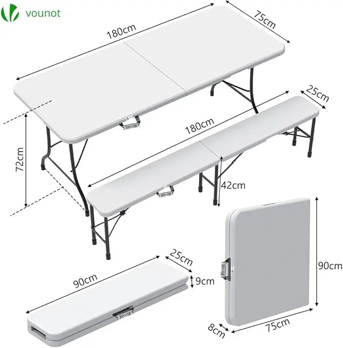 Ensemble table pliante et 2 bancs blanc 180x75x72cm | CH BE LU OFFRE LIMITÉE